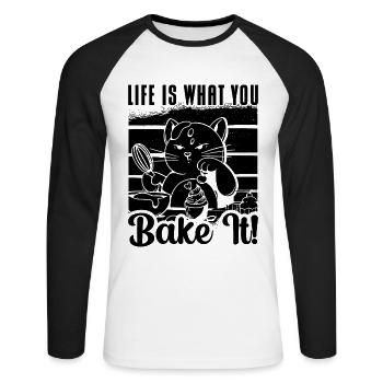 Life Is What You Bake It Baker Baking Bakery Chef - Unisex Baseballshirt langarm - Weiß/Schwarz - Vorne - Nik (191cm)