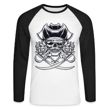 Totenkopf Pirat Piraten Piratenflagge Totenschädel - Unisex Baseballshirt langarm - Weiß/Schwarz - Vorne - Nik (191cm)