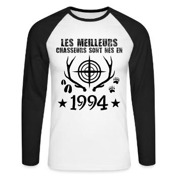 Chasseur | Anniversaire chasseur 1994 cadeau 1994 - T-shirt baseball manches longues Homme - blanc/noir - Devant - Nik (191cm)