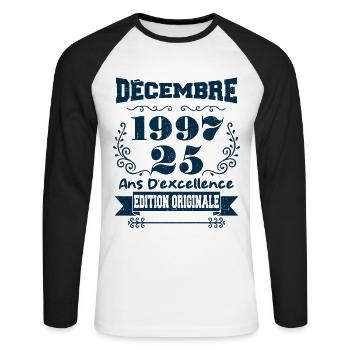 décembre 1997 Edition original | Vintage 1997 - T-shirt baseball manches longues Homme - blanc/noir - Devant - Nik (191cm)
