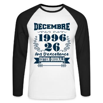 décembre 1996 Edition original | Vintage 1996 - T-shirt baseball manches longues Homme - blanc/noir - Devant - Nik (191cm)