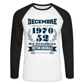 décembre 1970 Edition original | Vintage 1970 - T-shirt baseball manches longues Homme - blanc/noir - Devant - Nik (191cm)