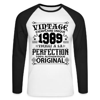 1989 Vintage Anniversaire 1989 original birthday - T-shirt baseball manches longues Homme - blanc/noir - Devant - Nik (191cm)