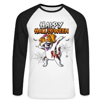 Halloween Hund Zombie - Unisex Baseballshirt langarm - Weiß/Schwarz - Vorne - Nik (191cm)