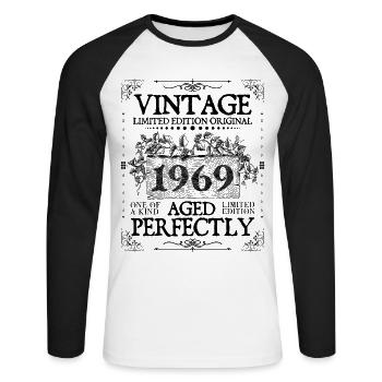 1969| Vintage Perfekt gealtert seit 1969 Geburtstag - Unisex Baseballshirt langarm - Weiß/Schwarz - Vorne - Nik (191cm)