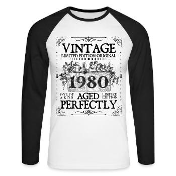 1980 | Vintage Aged Perfectly since 1980 birthday - Unisex Long Sleeve Baseball T-Shirt - white/black - Front - Nik (191cm)