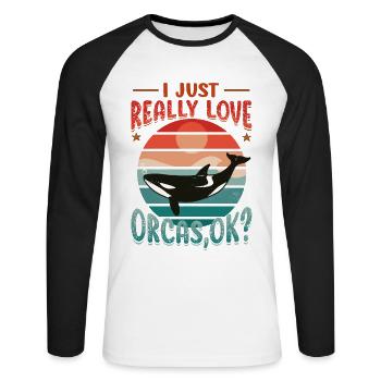 Orca Whale, I love orcas, really. - Unisex Long Sleeve Baseball T-Shirt - white/black - Front - Nik (191cm)