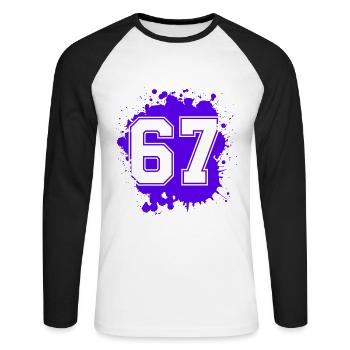 67 Zahl Klecks - Unisex Baseballshirt langarm - Weiß/Schwarz - Vorne - Nik (191cm)