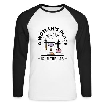 Science - a woman's place is in the lab - Unisex Long Sleeve Baseball T-Shirt - white/black - Front - Nik (191cm)