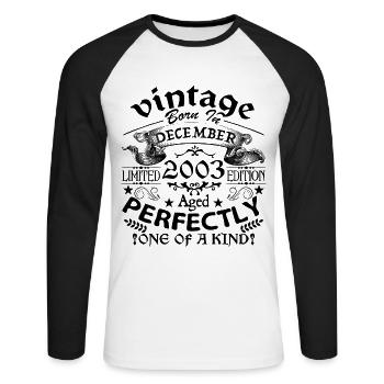 December 2003 | 2003 Vintage | born in December - Unisex Long Sleeve Baseball T-Shirt - white/black - Front - Nik (191cm)