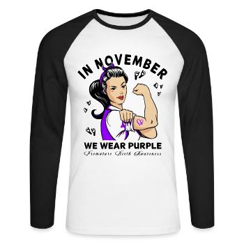 Arc violet conscient de la naissance prématurée - T-shirt baseball manches longues Homme - blanc/noir - Devant - Nik (191cm)