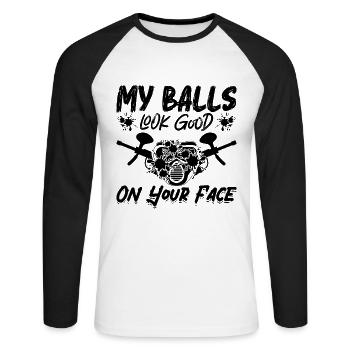 My Balls Look Paintball Splatter Paintball Player - Unisex Long Sleeve Baseball T-Shirt - white/black - Front - Nik (191cm)