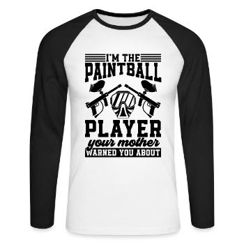 Je suis le joueur de paintball Paintball Splatter Player - T-shirt baseball manches longues Homme - blanc/noir - Devant - Nik (191cm)