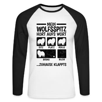 Wolfsspitz Hundetricks deutscher Spitz Keeshond - Unisex Baseballshirt langarm - Weiß/Schwarz - Vorne - Nik (191cm)
