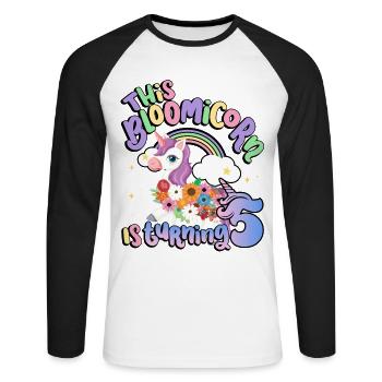 Bloomicorn Is Turning 5 Einhorn 5. Geburtstag - Unisex Baseballshirt langarm - Weiß/Schwarz - Vorne - Nik (191cm)