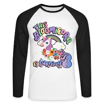 Bloomicorn Is Turning 8 Einhorn 8. Geburtstag - Unisex Baseballshirt langarm - Weiß/Schwarz - Vorne - Nik (191cm)