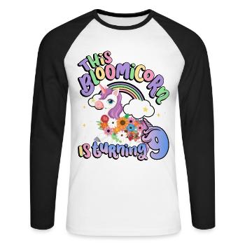Bloomicorn Is Turning 9 Einhorn 9. Geburtstag - Unisex Baseballshirt langarm - Weiß/Schwarz - Vorne - Nik (191cm)