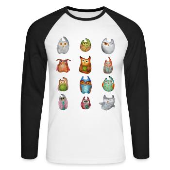 Eule Uhu Tier Waldtier Steinkauz Schleiereulen Fun - Unisex Baseballshirt langarm - Weiß/Schwarz - Vorne - Nik (191cm)