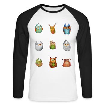 Eule Uhu Tier Waldtier Steinkauz Schleiereulen Fun - Unisex Baseballshirt langarm - Weiß/Schwarz - Vorne - Nik (191cm)