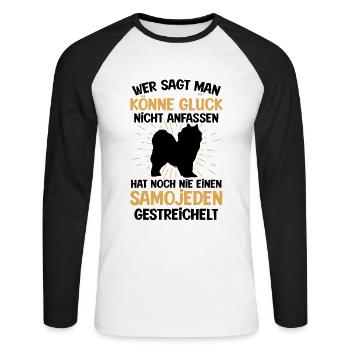 Samojede Glück anfassen Samojedenspitz - Unisex Baseballshirt langarm - Weiß/Schwarz - Vorne - Nik (191cm)