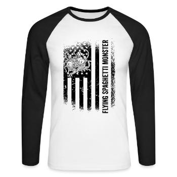 Fliegendes Spaghettimonster US-Flagge Pastafari - Unisex Baseballshirt langarm - Weiß/Schwarz - Vorne - Nik (191cm)