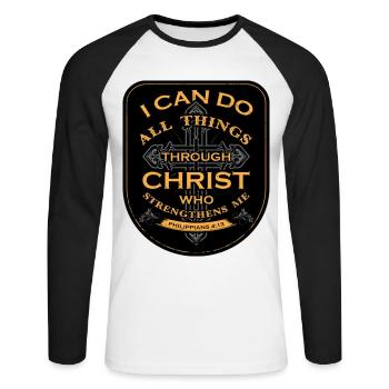 Je peux tout faire par Christ qui fortifie - T-shirt baseball manches longues Homme - blanc/noir - Devant - Nik (191cm)