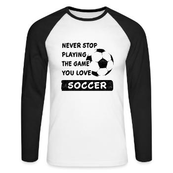 Never stop playing the game football saying - Unisex Long Sleeve Baseball T-Shirt - white/black - Front - Nik (191cm)