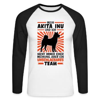 Mein Akita Inu und Ich sind unschlagbar - Unisex Baseballshirt langarm - Weiß/Schwarz - Vorne - Nik (191cm)