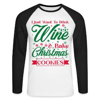 Je veux juste boire du vin et faire des biscuits - T-shirt baseball manches longues Homme - blanc/noir - Devant - Nik (191cm)