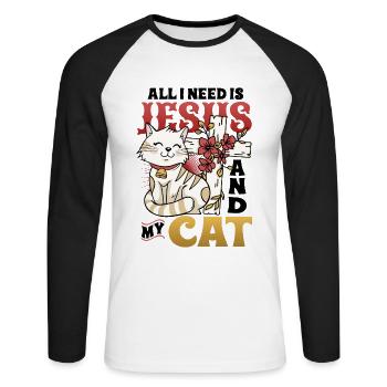 All I need is Jesus and my cat - Unisex Long Sleeve Baseball T-Shirt - white/black - Front - Nik (191cm)