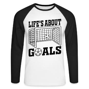 Life's About Goals Soccer Quotes - Soccer Player - Unisex Long Sleeve Baseball T-Shirt - white/black - Front - Nik (191cm)