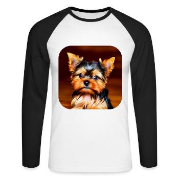 Yorkshire Terrier Welpe - Unisex Baseballshirt langarm - Weiß/Schwarz - Vorne - Nik (191cm)