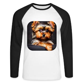 Yorkshire Terrier Welpe - Unisex Baseballshirt langarm - Weiß/Schwarz - Vorne - Nik (191cm)