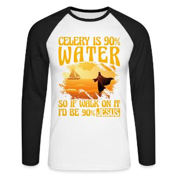 Céleri nous 90% d’eau, donc si je marchais dessus, je serais Jésus - T-shirt baseball manches longues Homme - blanc/noir - Devant - Nik (191cm)