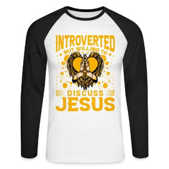 Introverti mais prêt à discuter de Jésus - T-shirt baseball manches longues Homme - blanc/noir - Devant - Nik (191cm)