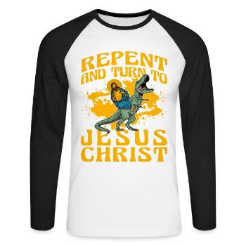 Repent and turn to Jesus Christ - Unisex Baseballshirt langarm - Weiß/Schwarz - Vorne - Nik (191cm)