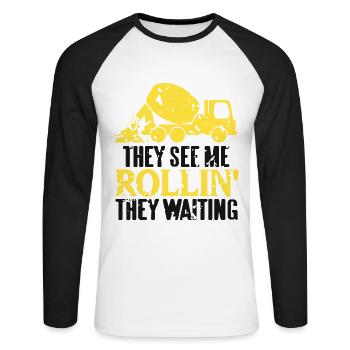 Conception de bétonneur pour ouvrier du bâtiment et chantier de construction - T-shirt baseball manches longues Homme - blanc/noir - Devant - Nik (191cm)