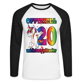 Offiziell 20 und die Party geht weiter - Einhorn - Unisex Baseballshirt langarm - Weiß/Schwarz - Vorne - Nik (191cm)