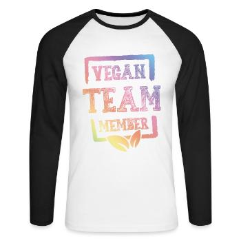 Vegan Team Member - Unisex Baseballshirt langarm - Weiß/Schwarz - Vorne - Nik (191cm)