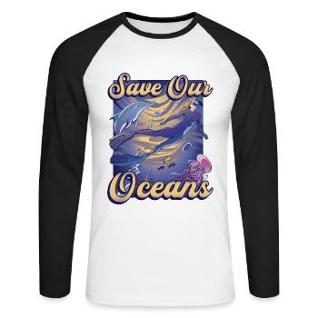 Sauvons nos océans, plongée sous-marine - T-shirt baseball manches longues Homme - blanc/noir - Devant - Nik (191cm)