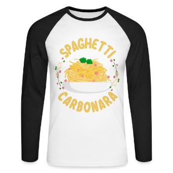 Spaghetti Carbonara | Amateurs de pâtes cuisiniers - T-shirt baseball manches longues Homme - blanc/noir - Devant - Nik (191cm)