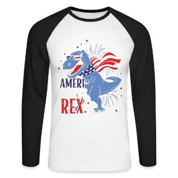 Ameri Saurus Rex 4 juillet Dinosaure Indépendance - T-shirt baseball manches longues Homme - blanc/noir - Devant - Nik (191cm)