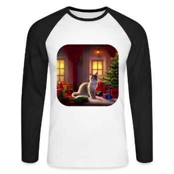 Süße Weihnachtskatze - Unisex Baseballshirt langarm - Weiß/Schwarz - Vorne - Nik (191cm)
