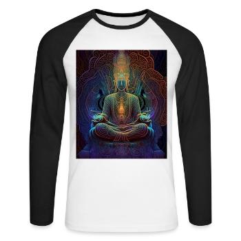 Colorful Psychedelic Buddha Meditation - Unisex Long Sleeve Baseball T-Shirt - white/black - Front - Nik (191cm)