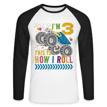I'm 3 it's how I roll | Monster Truck - Unisex Long Sleeve Baseball T-Shirt - white/black - Front - Nik (191cm)