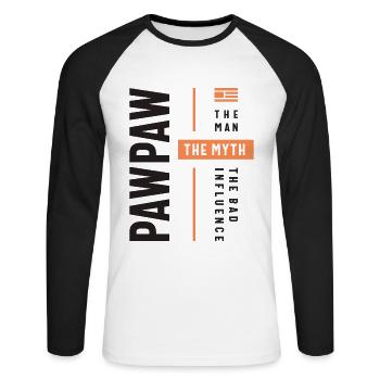 Pawpaw Man Myth The Bad Influence - Unisex Long Sleeve Baseball T-Shirt - white/black - Front - Nik (191cm)