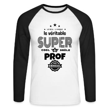 super prof 100% génial t-shirt humour - T-shirt baseball manches longues Homme - blanc/noir - Devant - Nik (191cm)
