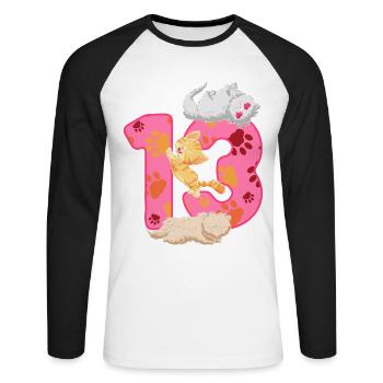 Chaton de 13 ans | Chemise d’anniversaire de chat - T-shirt baseball manches longues Homme - blanc/noir - Devant - Nik (191cm)