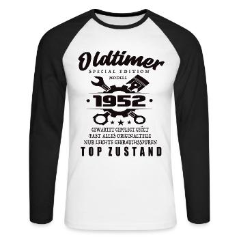 Oldtimer Special Edition Modell 1952 Geburtstag - Unisex Baseballshirt langarm - Weiß/Schwarz - Vorne - Nik (191cm)