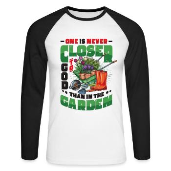 Vous n’êtes jamais plus proche de Dieu que dans le jardin - T-shirt baseball manches longues Homme - blanc/noir - Devant - Nik (191cm)